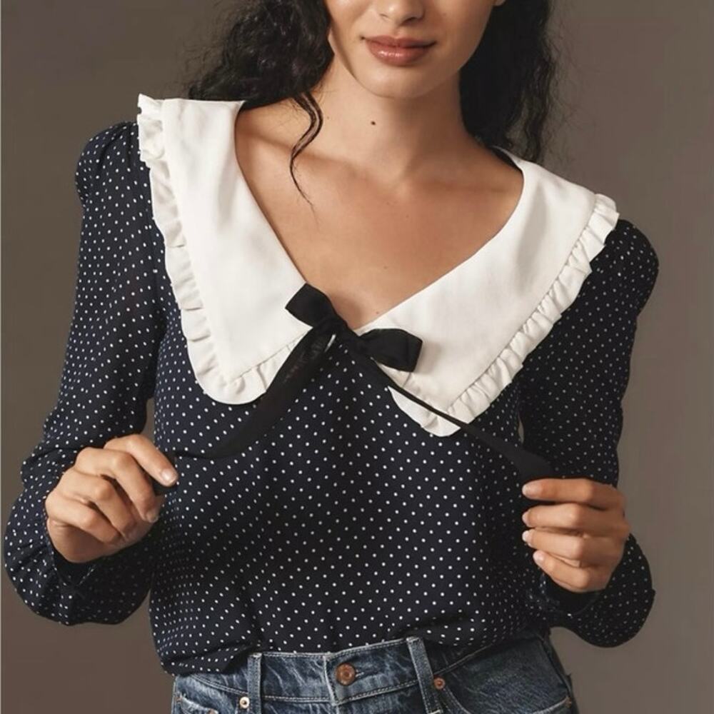 Reformation Edalene Top Navy Blue White Polka Dots Size Small